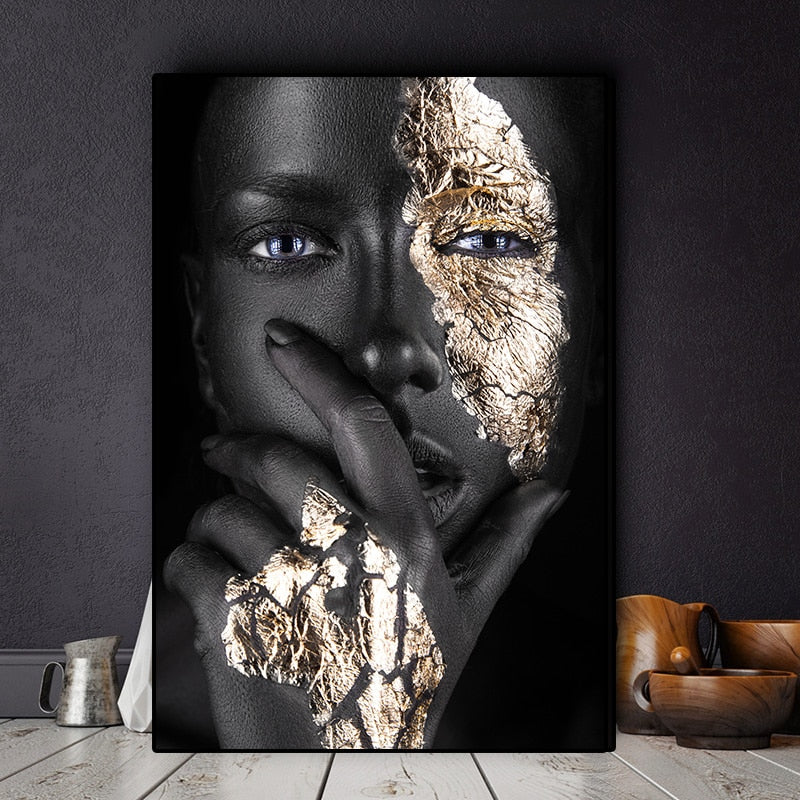 Living Room Wall Art- Black & Gold Woman. Painting Photo Canvas Print. WickedYo